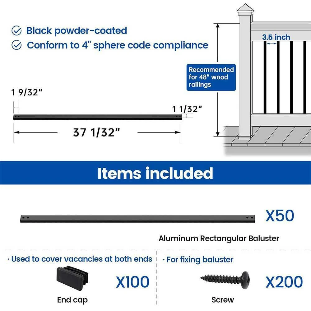 50-Pack 38 In. X 1 In. Aluminum Rectangular Deck Balusters Metal Spindles With Screws For Wood Composite Fencing 4 50-Pack 38 In. X 1 In. Aluminum Rectangular Deck Balusters Metal Spindles With Screws For Wood Composite Fencing - Image 2