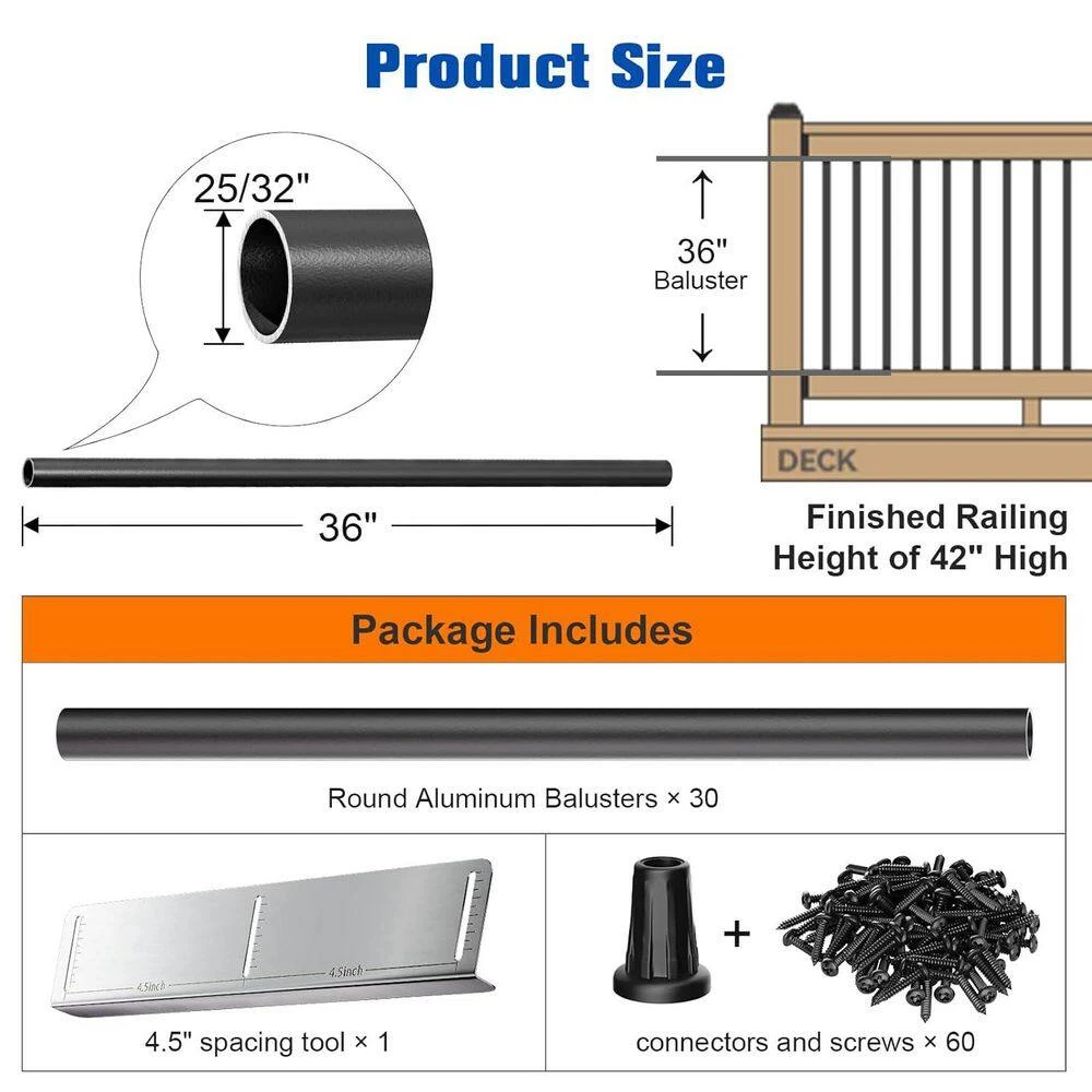 36 Round Hollow Aluminum Deck Balusters With Screws And Connectors Black 30 Pack For Railings And Fencing 4 36 Round Hollow Aluminum Deck Balusters With Screws And Connectors Black 30 Pack For Railings And Fencing - Image 2