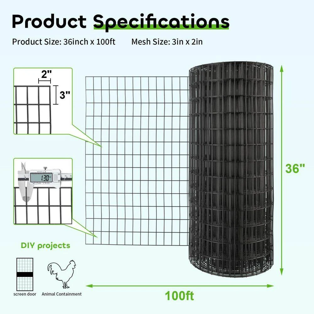 100ft L X 0. 05in W X 36in H Metal Wire Mesh, PVC Coated Garden Border Fencing Roll Vinyl Coating Black 4 100ft L X 0. 05in W X 36in H Metal Wire Mesh, PVC Coated Garden Border Fencing Roll Vinyl Coating Black - Image 2