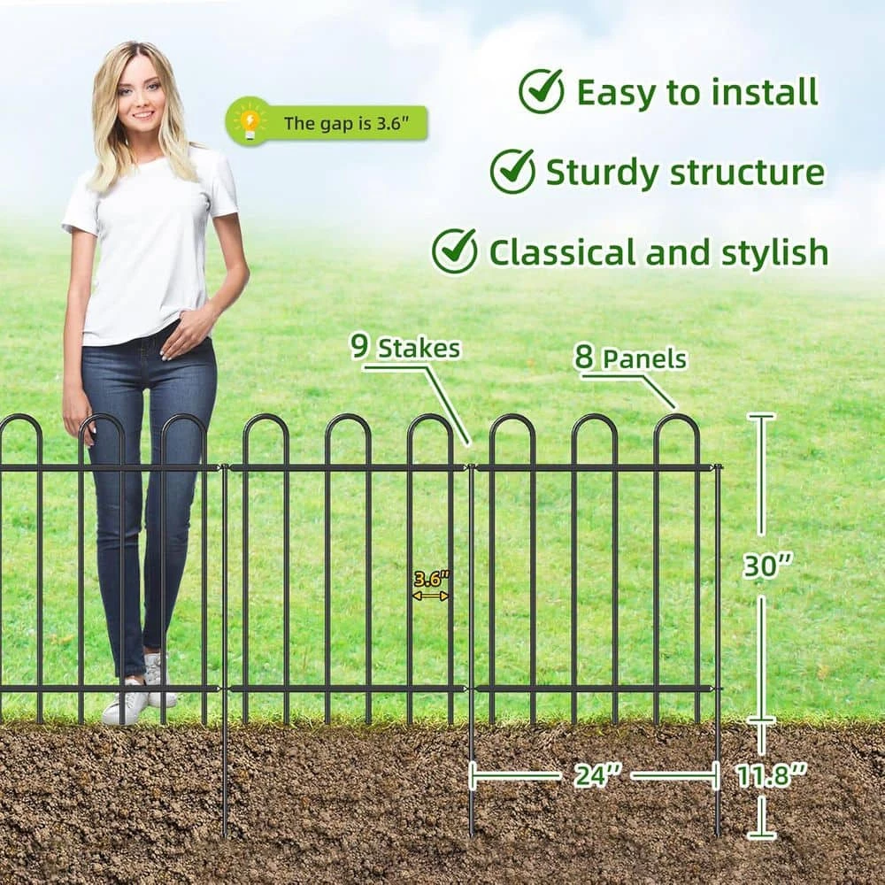 30 In. Metal Garden Fence No Dig Border Yard Fencing Dog Barrier For Flower Bed Lawn And Patio 8 Panels 9 Stakes Black 5 30 In. Metal Garden Fence No Dig Border Yard Fencing Dog Barrier For Flower Bed Lawn And Patio 8 Panels 9 Stakes Black - Image 3