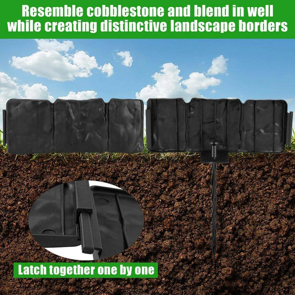 32 Ft. X 4 In. Black Stone No Dig Plastic Interlocking Lawn Edging Fencing With Anchoring Spikes 40-Pieces 4 32 Ft. X 4 In. Black Stone No Dig Plastic Interlocking Lawn Edging Fencing With Anchoring Spikes 40-Pieces - Image 2