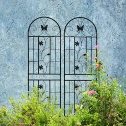 71 In. Metal Butterfly Decorative Garden Trellis, Rustproof Garden Fencing For Climbing Plants, Black (2-Pack)