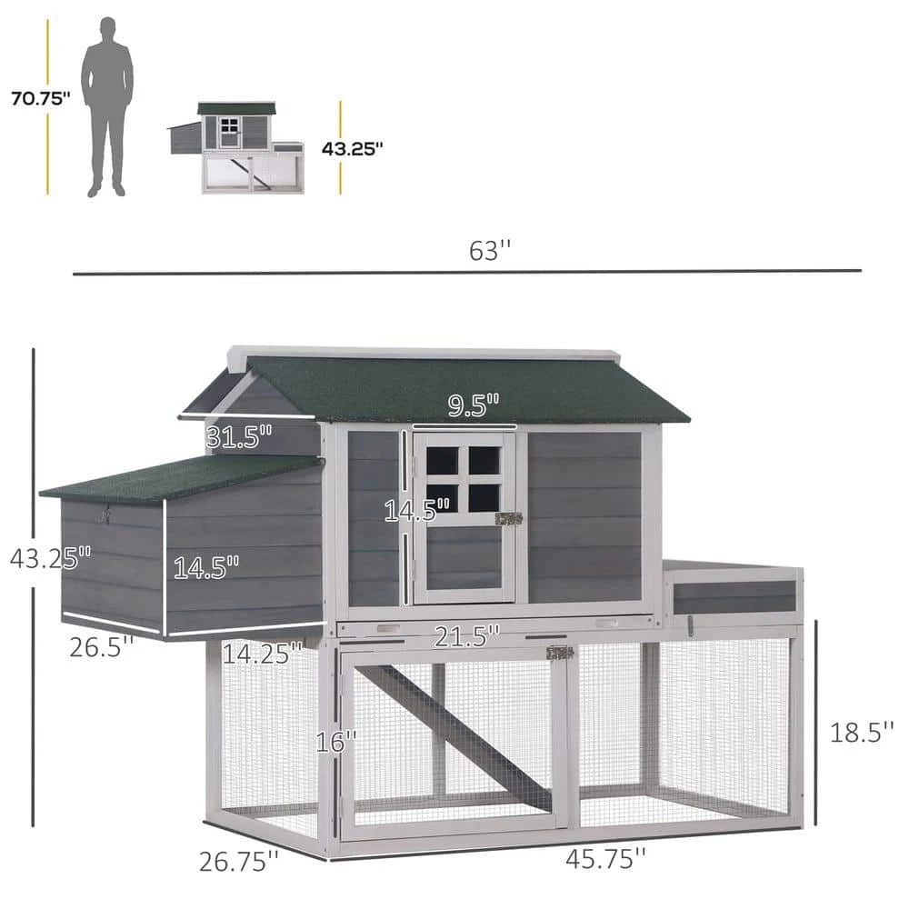 PawHut 63 In. Grey Wooden Chicken Coop 0.0003-Acre In-Ground With Raised Garden Bed, Poultry Fencing And Removable Tray 5 PawHut 63 In. Grey Wooden Chicken Coop 0.0003-Acre In-Ground With Raised Garden Bed, Poultry Fencing And Removable Tray - Image 3