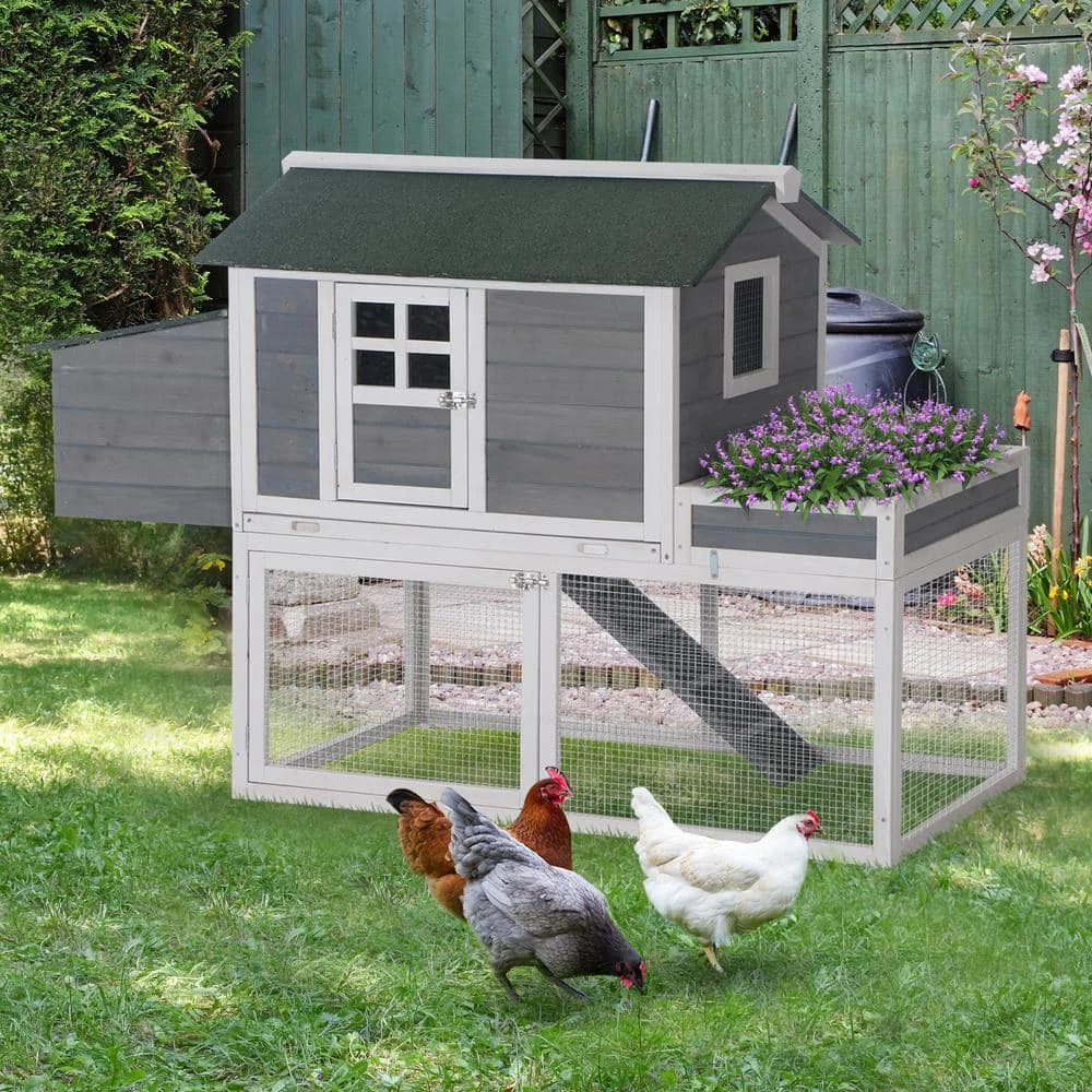 PawHut 63 In. Grey Wooden Chicken Coop 0.0003-Acre In-Ground With Raised Garden Bed, Poultry Fencing And Removable Tray 4 PawHut 63 In. Grey Wooden Chicken Coop 0.0003-Acre In-Ground With Raised Garden Bed, Poultry Fencing And Removable Tray - Image 2
