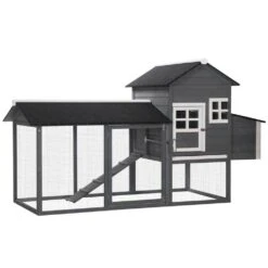 PawHut 84 In. Grey Wooden Chicken House 1/2000-Acre In-Ground Chicken Coop W/Covered Big Run, Poultry Fencing And Perches