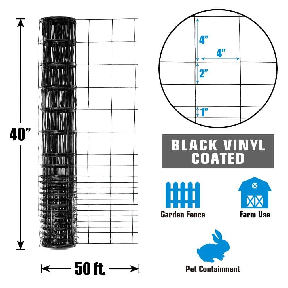 40 In. X 50 Ft. 16-Gauge Black PVC-Coated Rabbit Guard Fence, Poultry Fencing Wire Roll For Garden Yard Vegetable Plant 5 40 In. X 50 Ft. 16-Gauge Black PVC-Coated Rabbit Guard Fence, Poultry Fencing Wire Roll For Garden Yard Vegetable Plant - Image 3