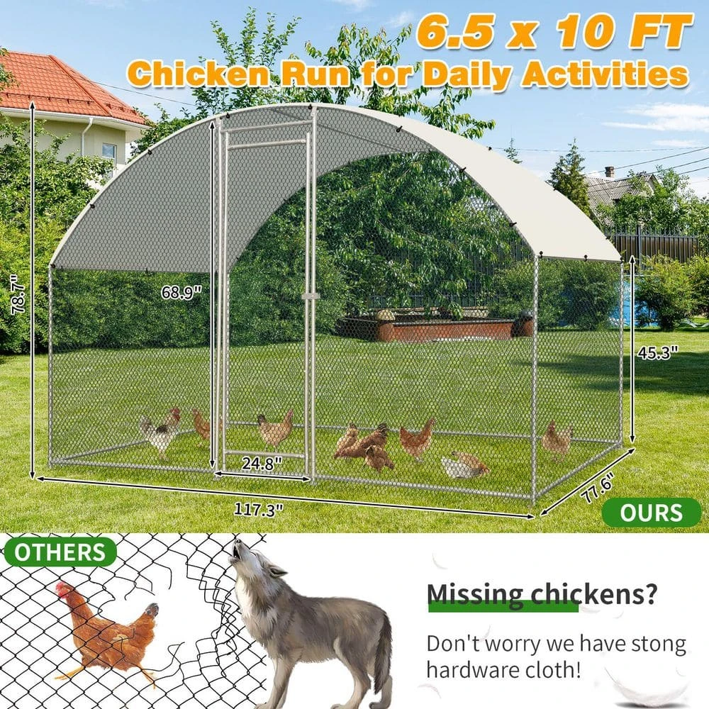 6.5 Ft. X 9.8 Ft. X 6.5 Ft. Large Poultry Fencing Metal Chicken Run House With Waterproof Cover Arch Chicken Coop 6 6.5 Ft. X 9.8 Ft. X 6.5 Ft. Large Poultry Fencing Metal Chicken Run House With Waterproof Cover Arch Chicken Coop - Image 4