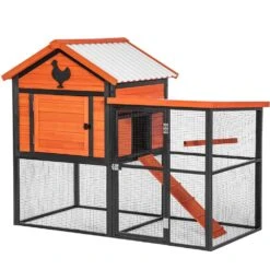 Durable Wood And Iron Chicken Coop W/ Runway And Waterproof Roof For 5-7 Chickens, Built-in Nesting Box, Poultry Fencing