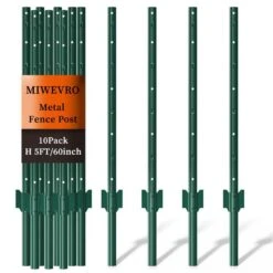 3.74 In. X 3.66 In. X 59 In. Green Metal Garden Fence U-Post For Temporary Fencing, Electric Fence Wire (10-Pack)