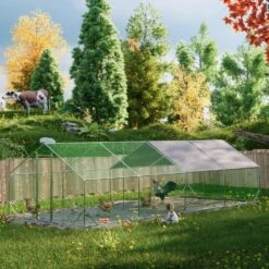 10 Ft. X 26 Ft. X 6.56 Ft. Outdoor Silver Metal Walk-in Chicken Pen Waterproof Poultry Fencing With UV Protection Cover -Dewalt Tools Shop pdtend chicken coops cp p263014 31 1000
